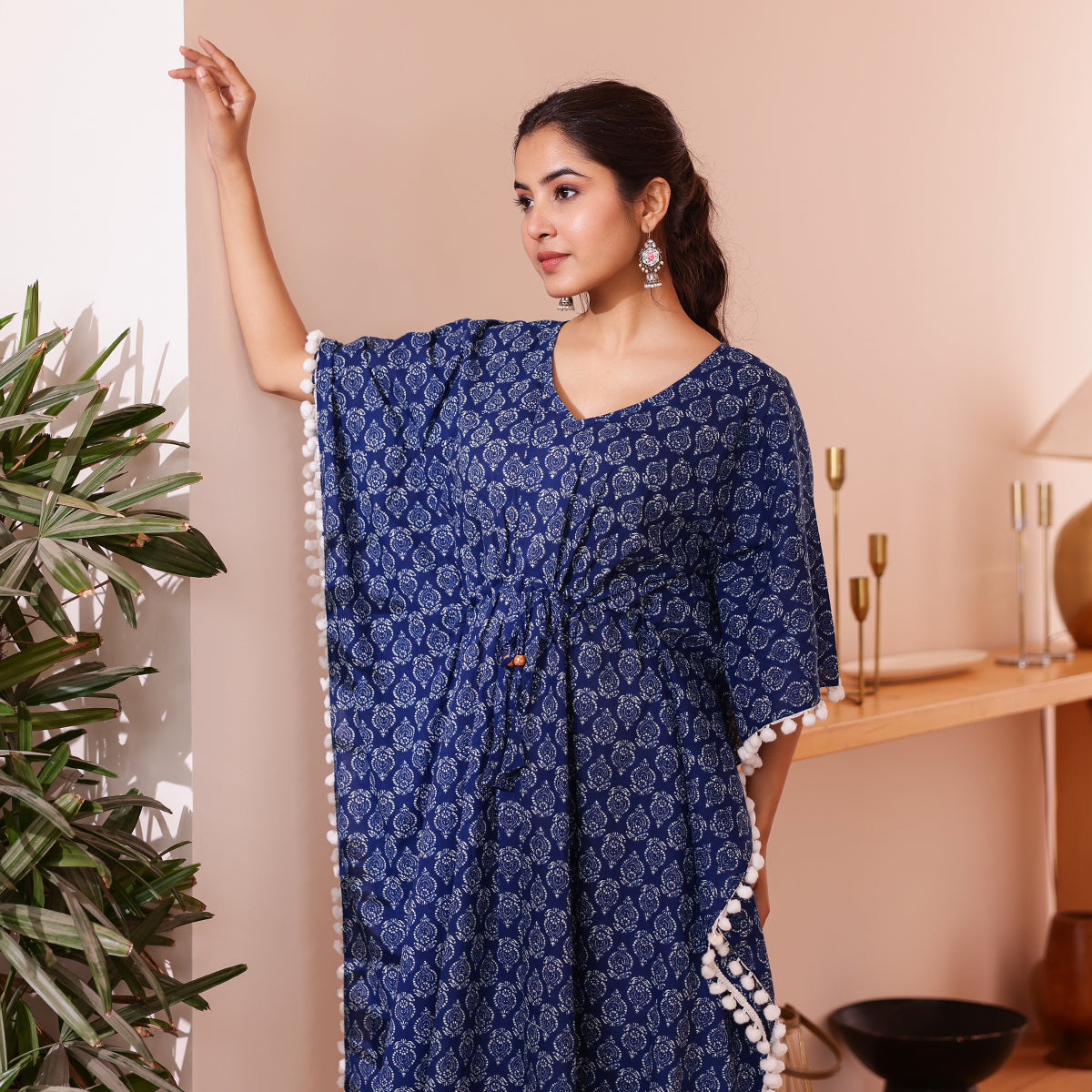 Blue Motif Printed Short Kaftan with Off White Pom-Pom Lace