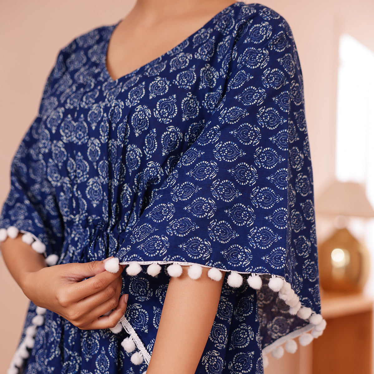 Blue Motif Printed Short Kaftan with Off White Pom-Pom Lace