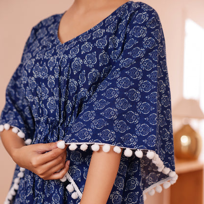 Blue Motif Printed Short Kaftan with Off White Pom-Pom Lace