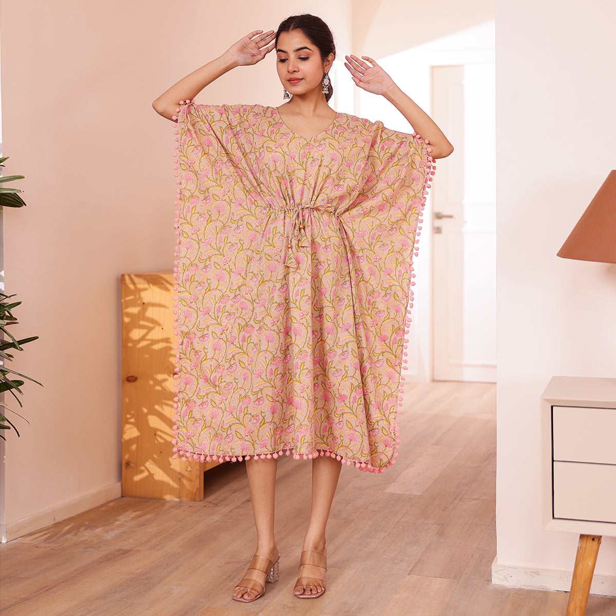 Beige Floral Printed Short Kaftan with Pink Pom-Pom Lace