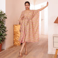 Beige Floral Printed Short Kaftan with Pink Pom-Pom Lace