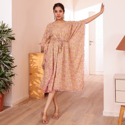 Beige Floral Printed Short Kaftan with Pink Pom-Pom Lace