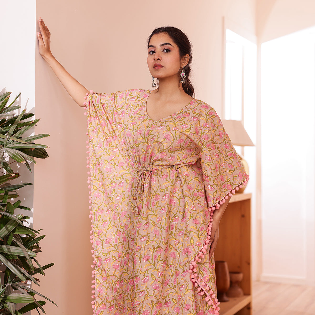 Beige Floral Printed Short Kaftan with Pink Pom-Pom Lace