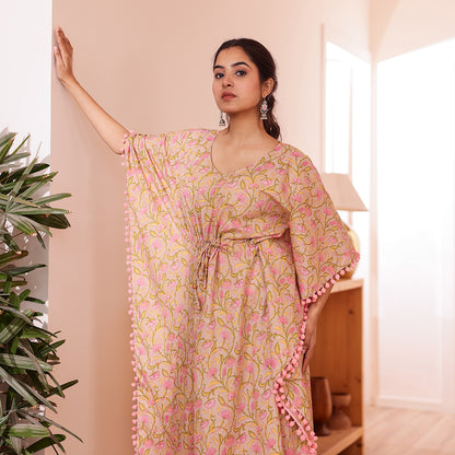 Beige Floral Printed Short Kaftan with Pink Pom-Pom Lace