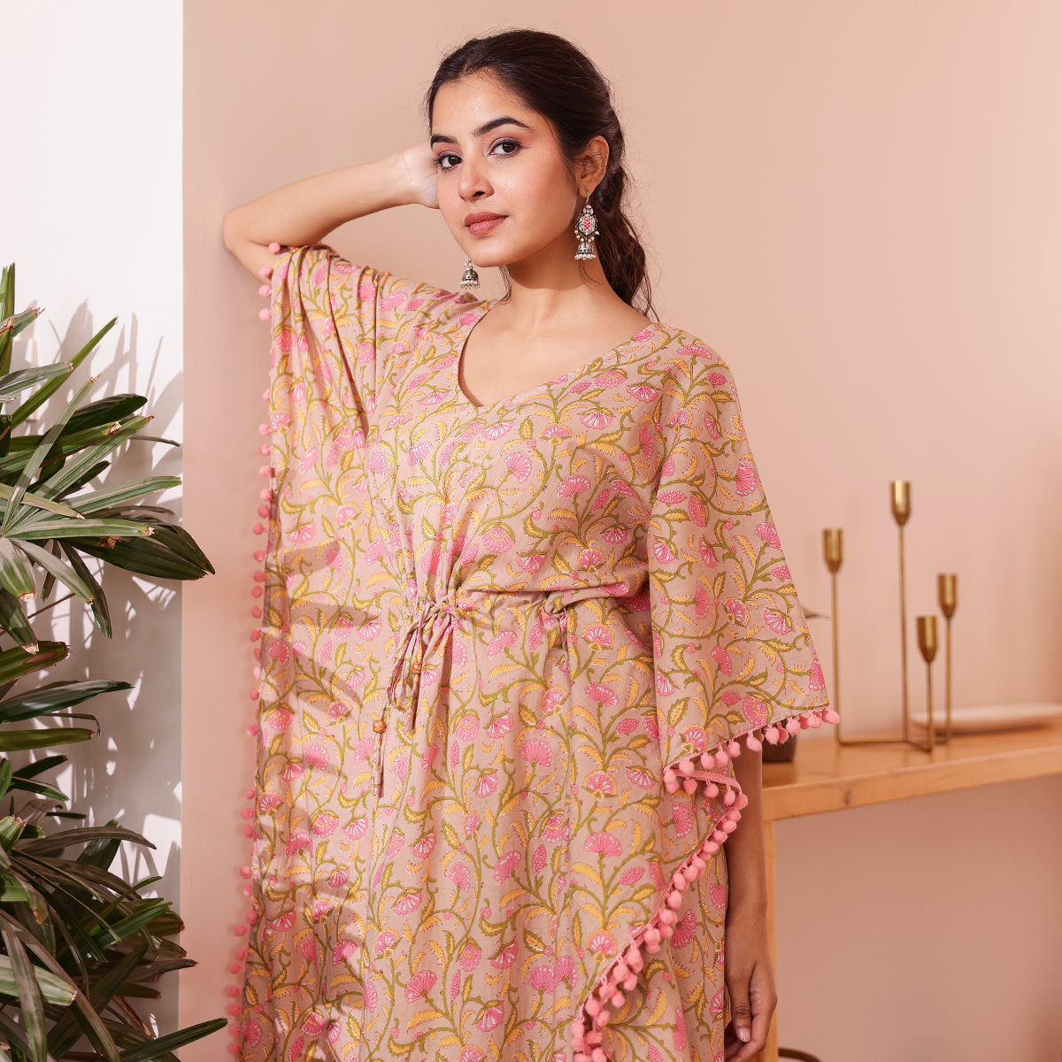 Beige Floral Printed Short Kaftan with Pink Pom-Pom Lace