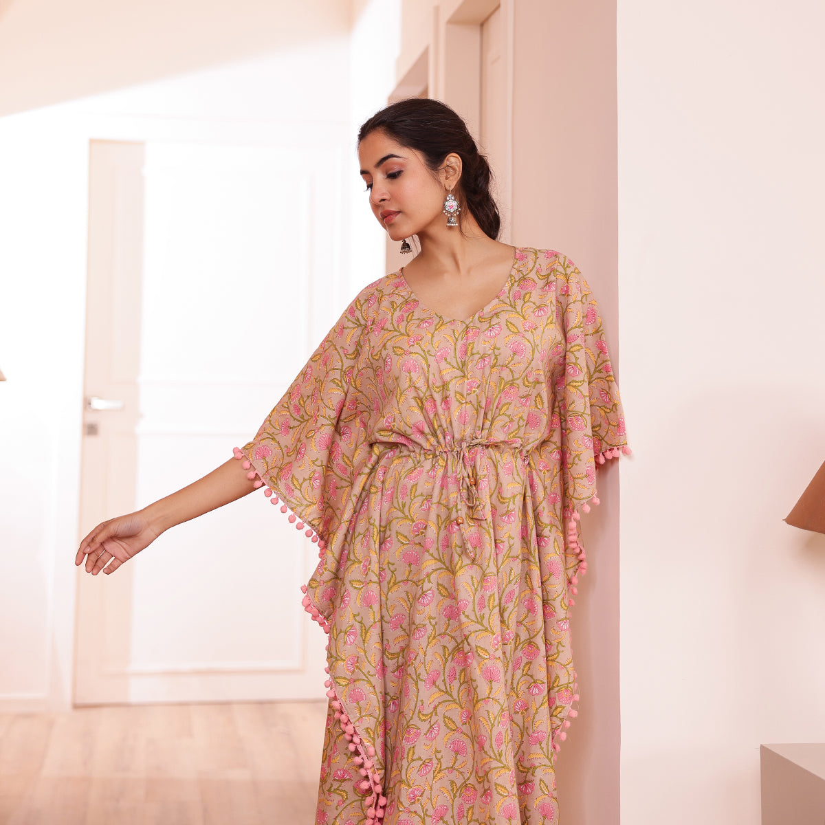 Beige Floral Printed Short Kaftan with Pink Pom-Pom Lace