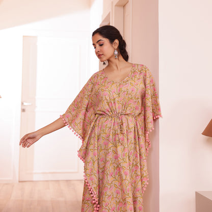 Beige Floral Printed Short Kaftan with Pink Pom-Pom Lace