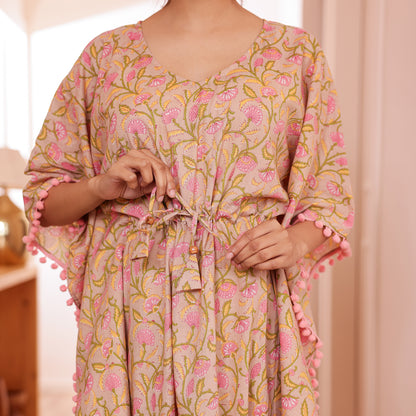 Beige Floral Printed Short Kaftan with Pink Pom-Pom Lace