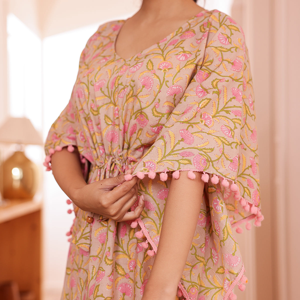 Beige Floral Printed Short Kaftan with Pink Pom-Pom Lace