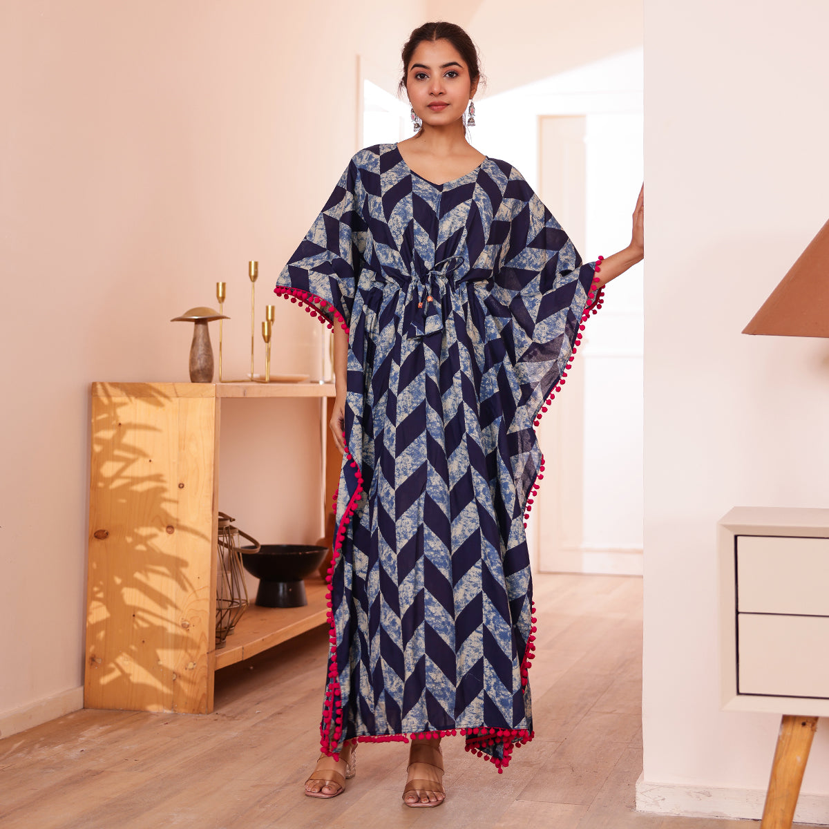 Navy Blue Geometric Printed Long Kaftan with Pink Pom-Pom lace