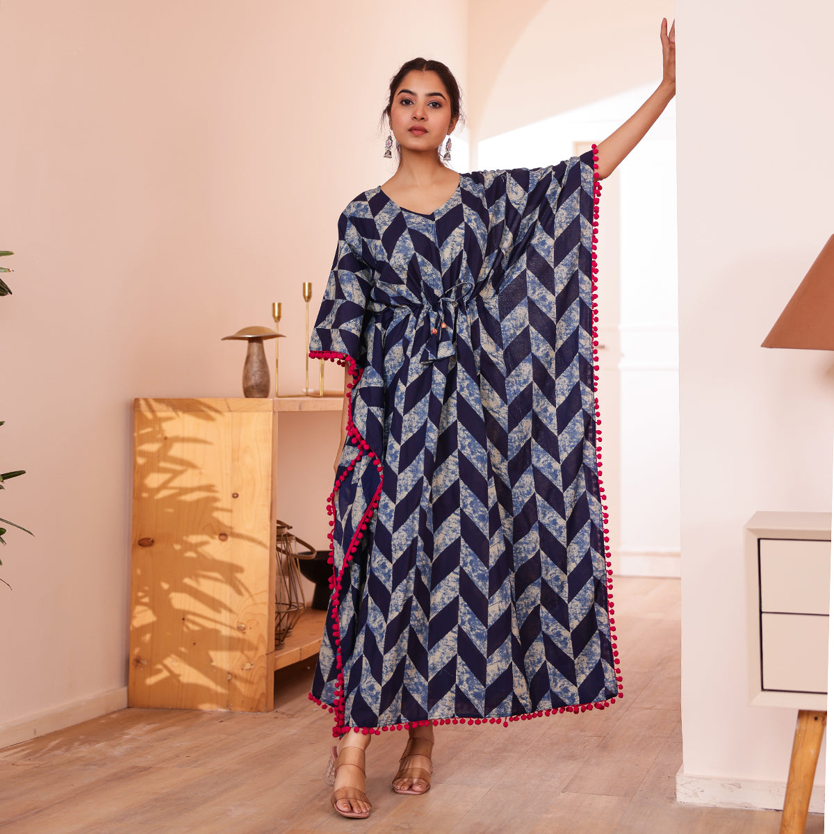 Navy Blue Geometric Printed Long Kaftan with Pink Pom-Pom lace