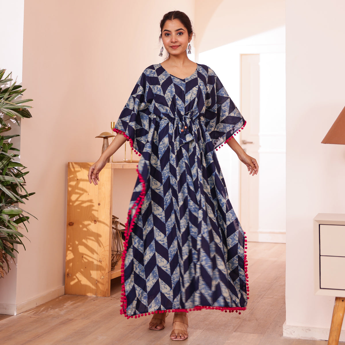 Navy Blue Geometric Printed Long Kaftan with Pink Pom-Pom lace