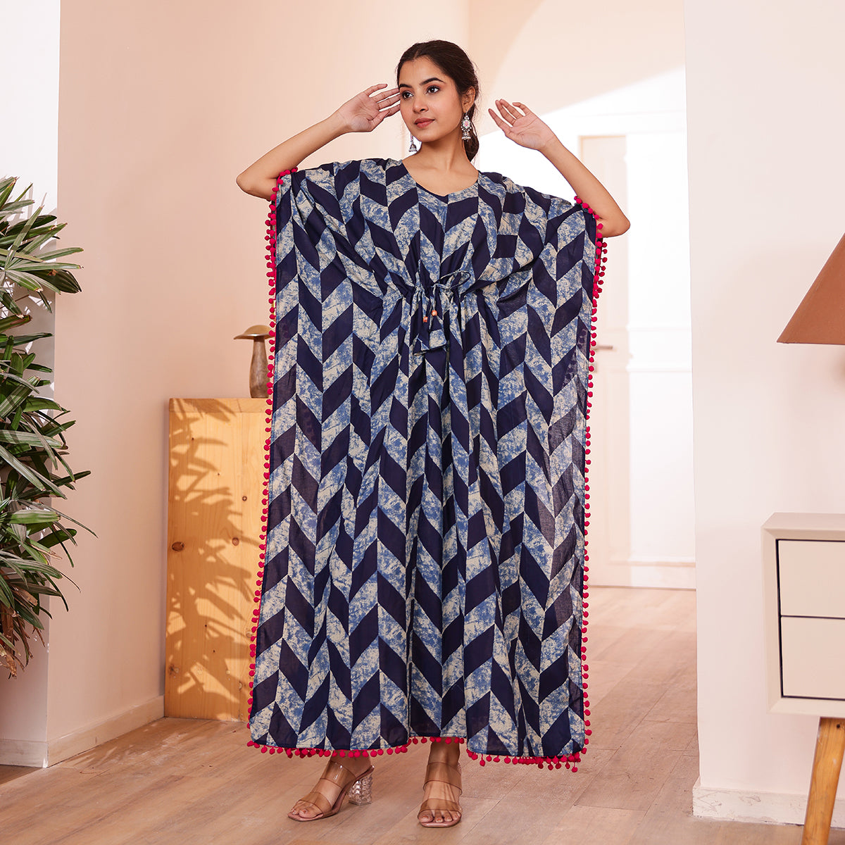 Navy Blue Geometric Printed Long Kaftan with Pink Pom-Pom lace
