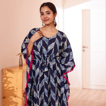 Navy Blue Geometric Printed Long Kaftan with Pink Pom-Pom lace