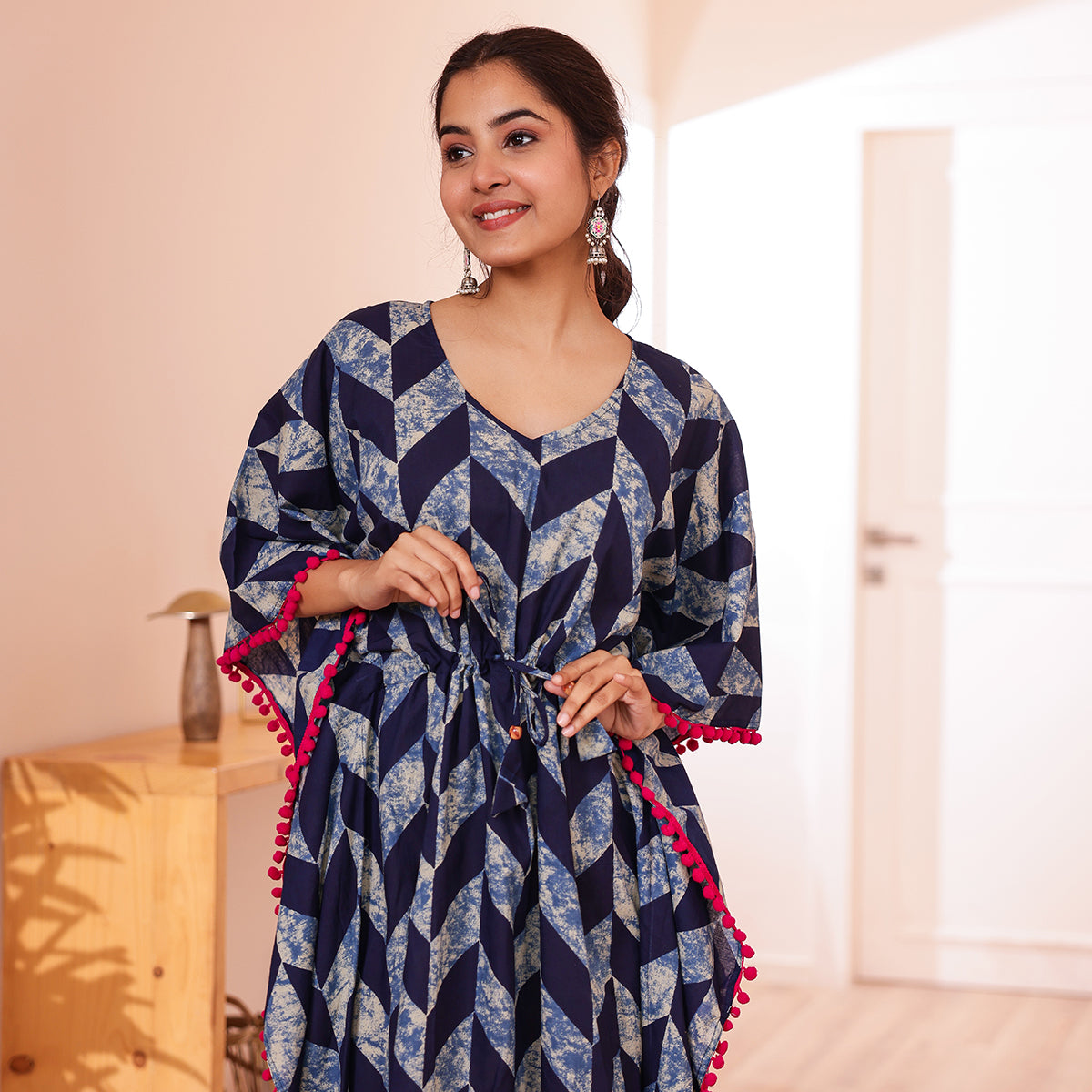 Navy Blue Geometric Printed Long Kaftan with Pink Pom-Pom lace