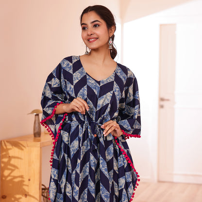 Navy Blue Geometric Printed Long Kaftan with Pink Pom-Pom lace