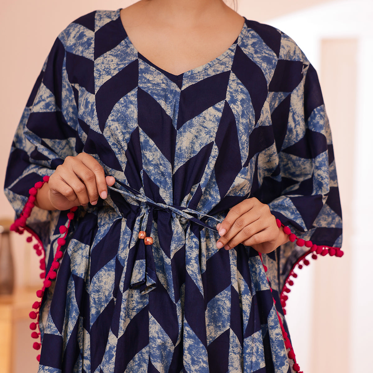 Navy Blue Geometric Printed Long Kaftan with Pink Pom-Pom lace