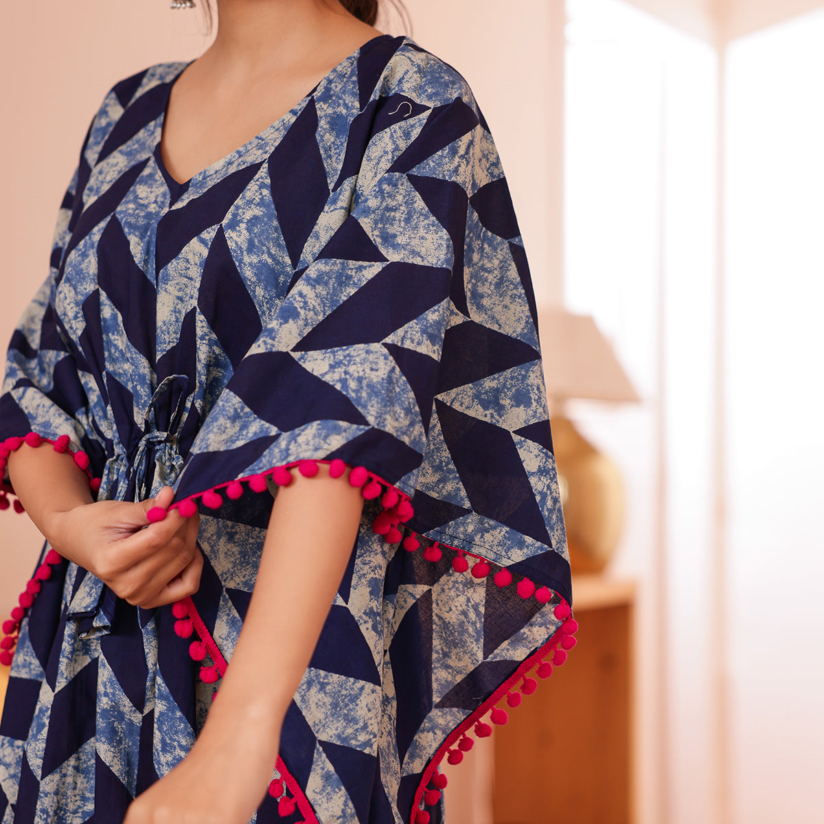 Navy Blue Geometric Printed Long Kaftan with Pink Pom-Pom lace