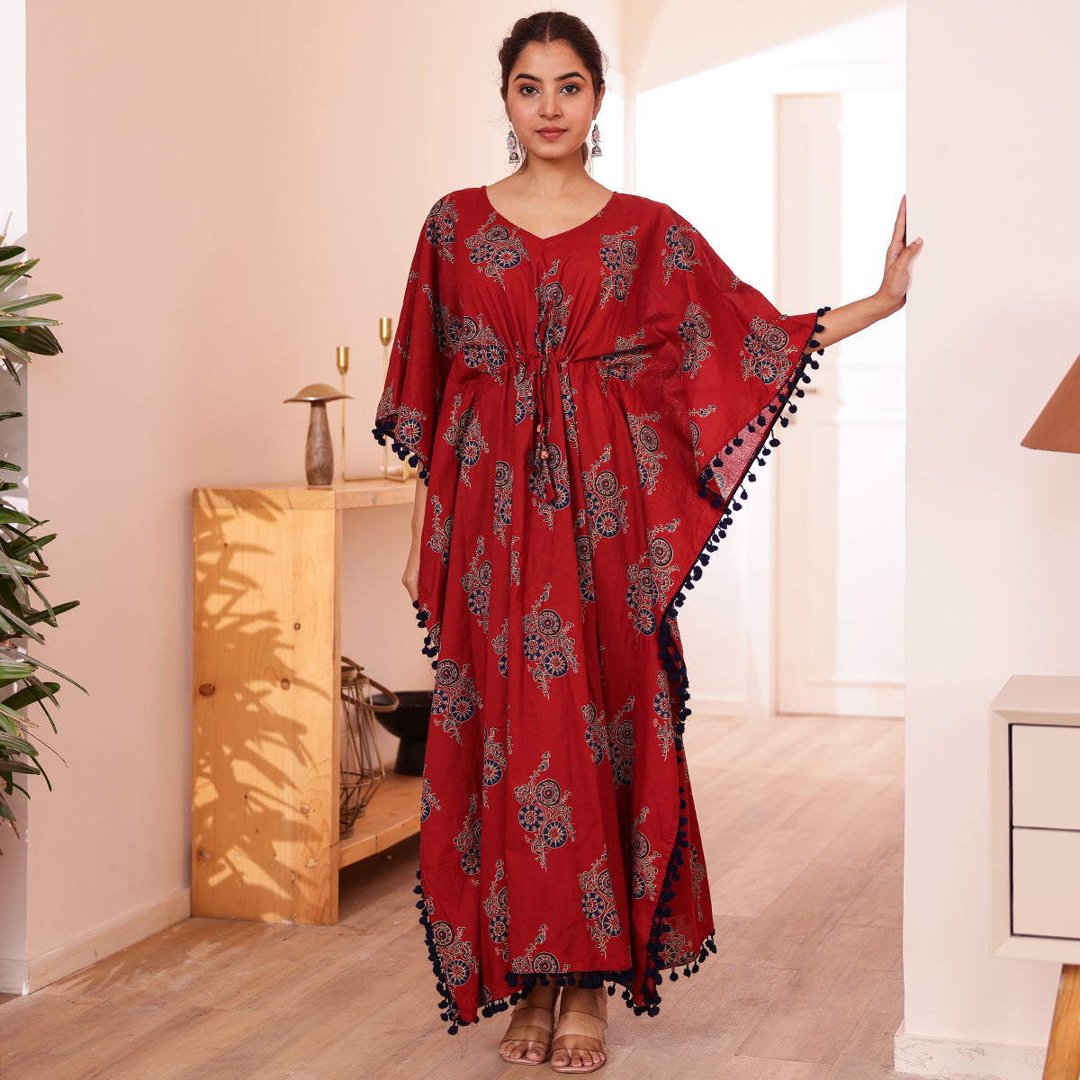Rust Maroon Ethnic Motif Printed Long Kaftan with Navy Pom-Pom Lace
