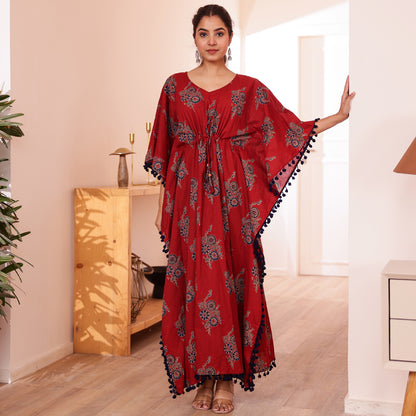 Maroon Motif Printed Long Kaftan with Navy Pom-Pom Lace