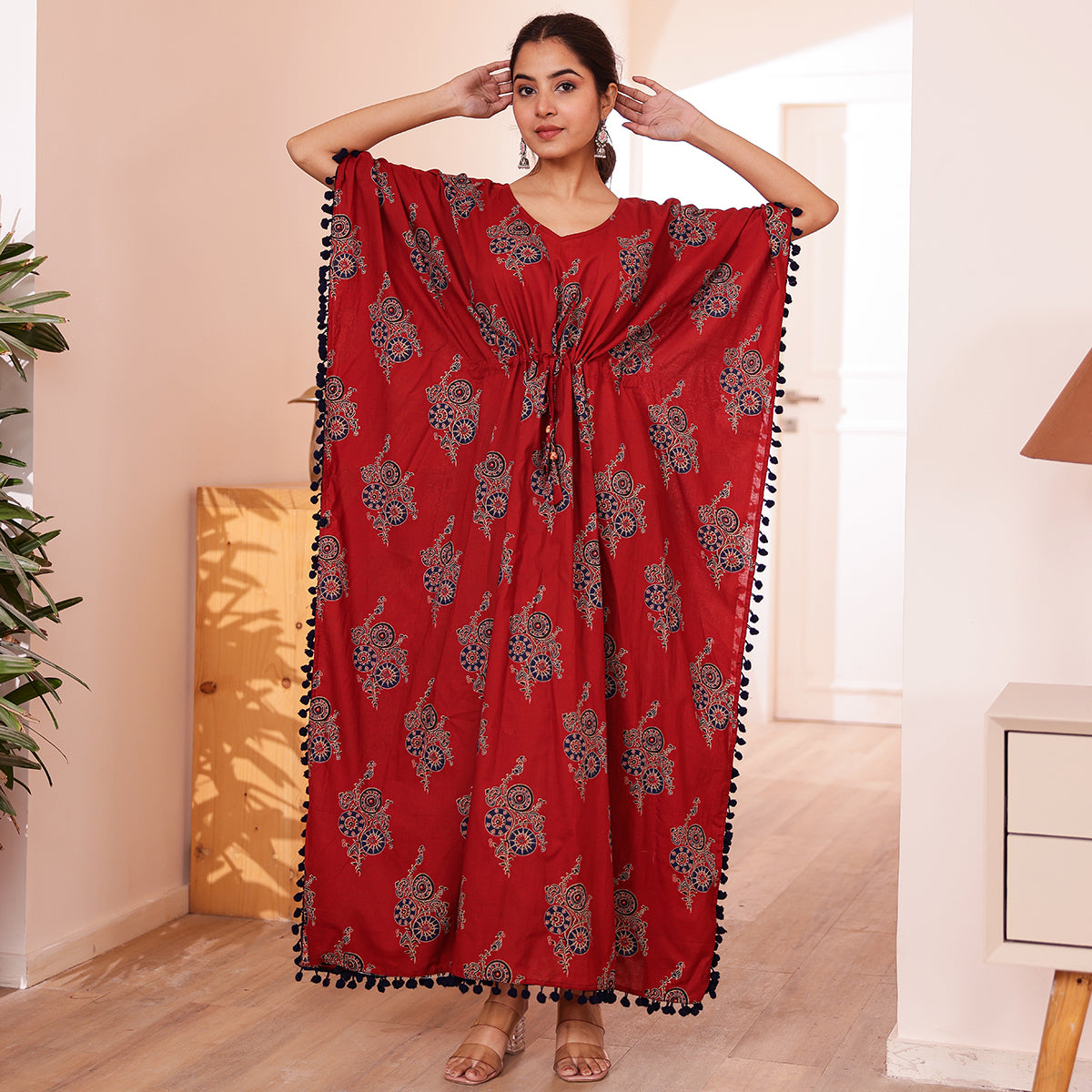 Rust Maroon Ethnic Motif Printed Long Kaftan with Navy Pom-Pom Lace
