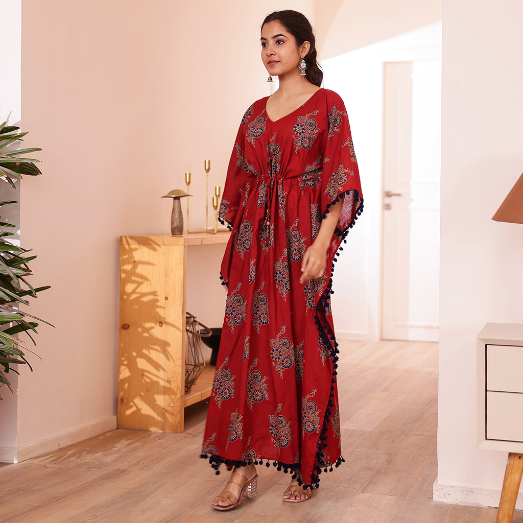 Maroon Motif Printed Long Kaftan with Navy Pom-Pom Lace
