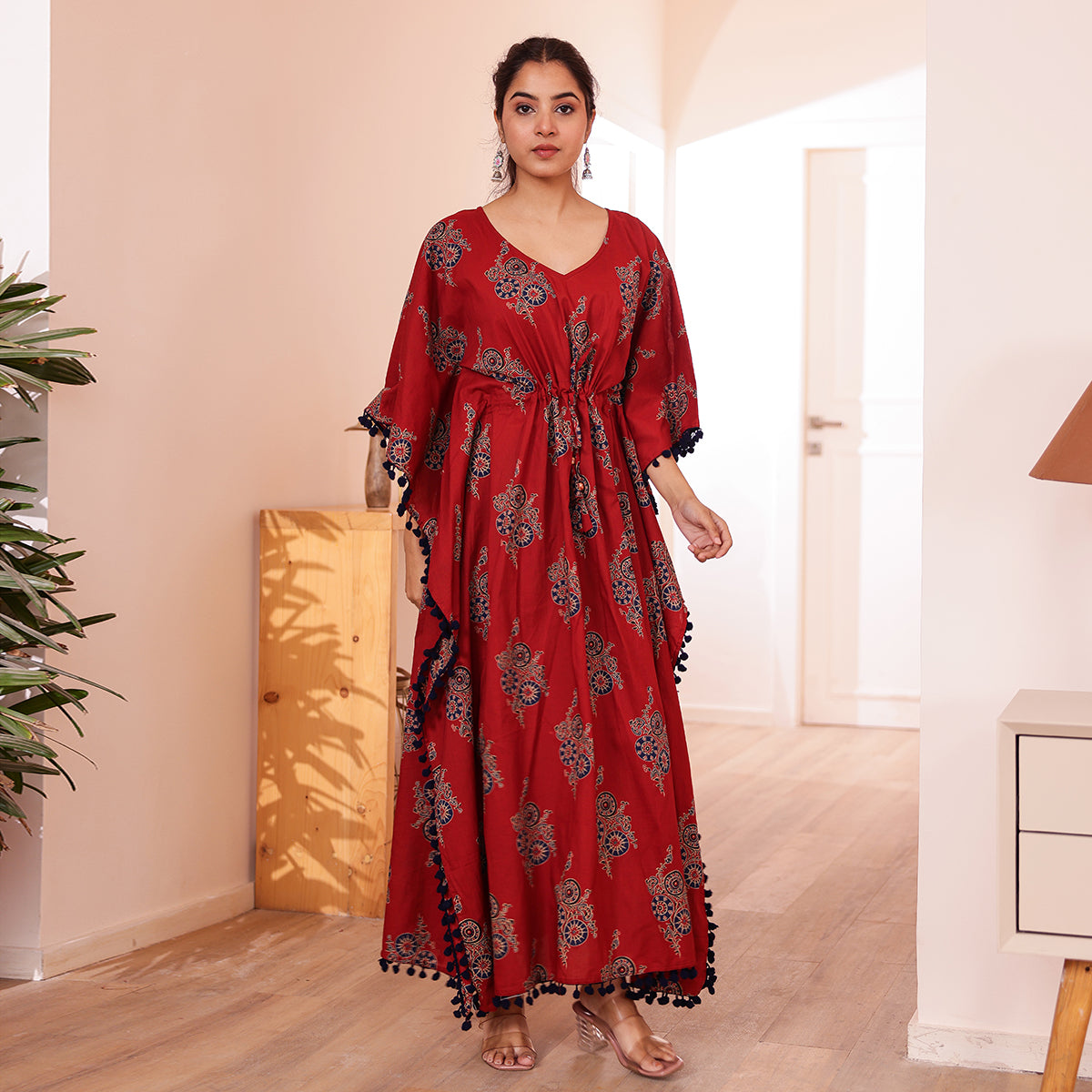 Maroon Motif Printed Long Kaftan with Navy Pom-Pom Lace