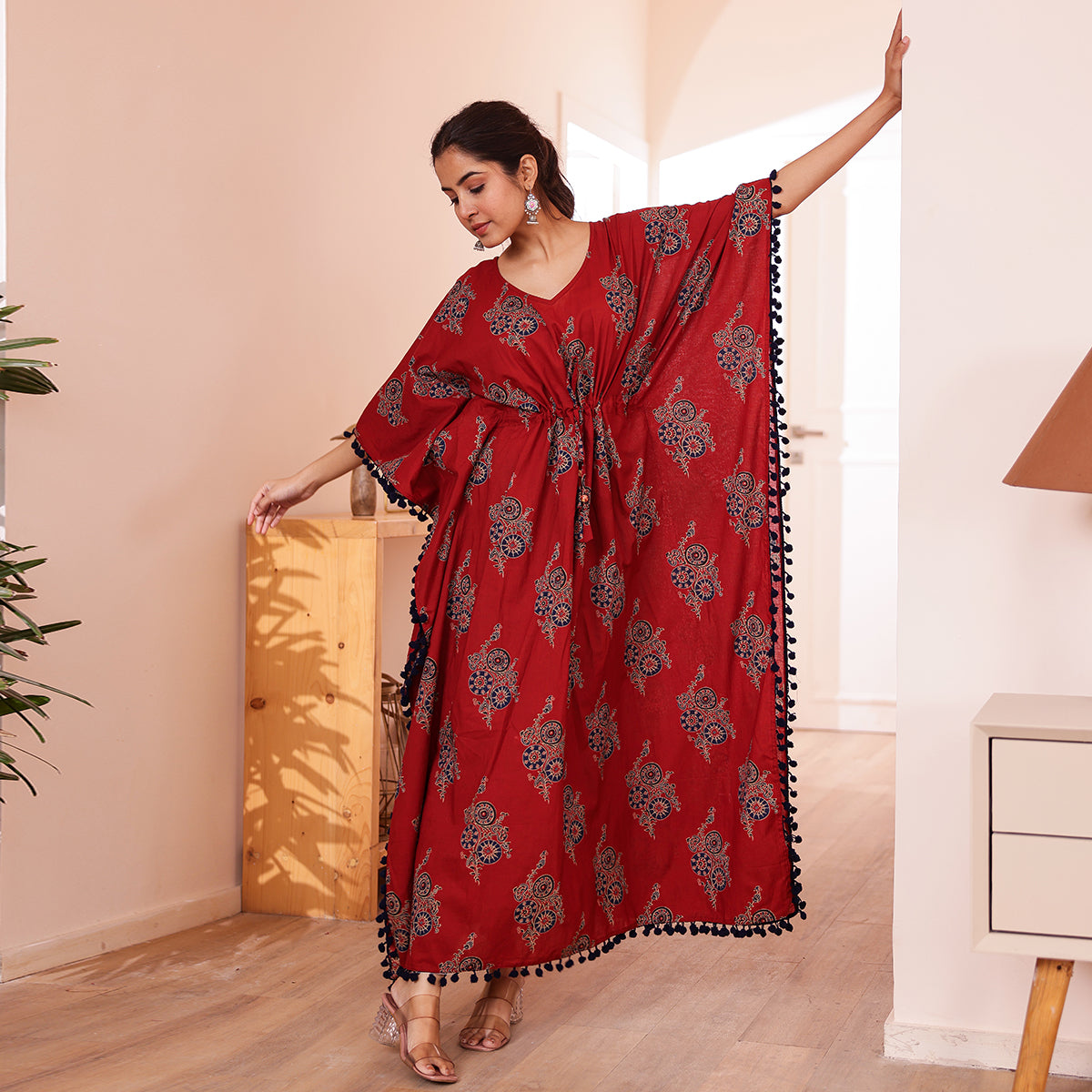Maroon Motif Printed Long Kaftan with Navy Pom-Pom Lace