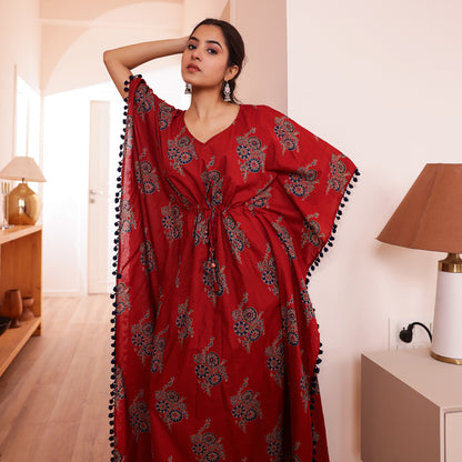 Maroon Motif Printed Long Kaftan with Navy Pom-Pom Lace