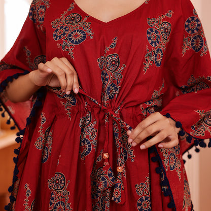 Maroon Motif Printed Long Kaftan with Navy Pom-Pom Lace