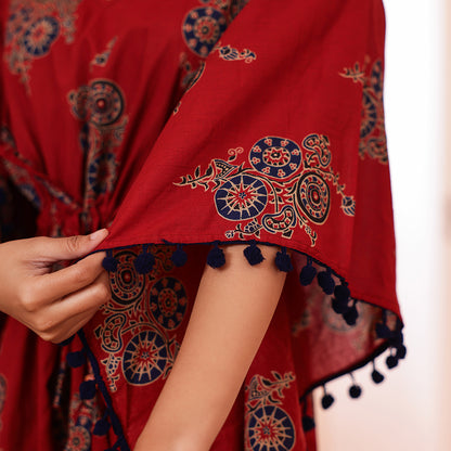Maroon Motif Printed Long Kaftan with Navy Pom-Pom Lace