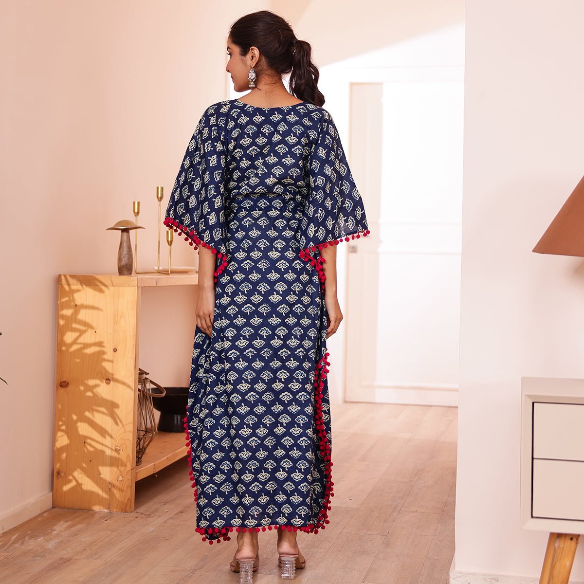 Navy Blue Ethnic Motif Printed Long Kaftan with Red Pom-Pom Lace