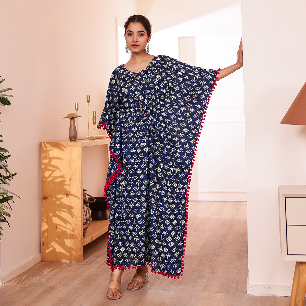 Navy Blue Ethnic Motif Printed Long Kaftan with Red Pom-Pom Lace
