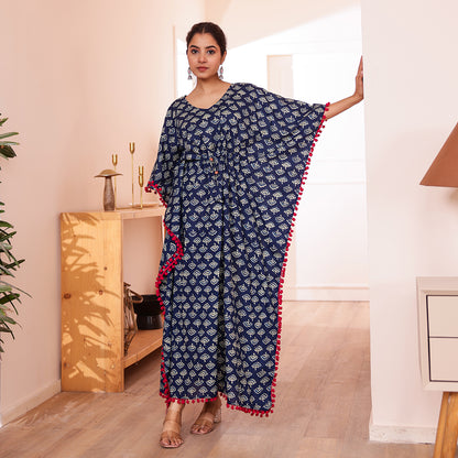 Navy Blue Ethnic Motif Printed Long Kaftan with Red Pom-Pom Lace