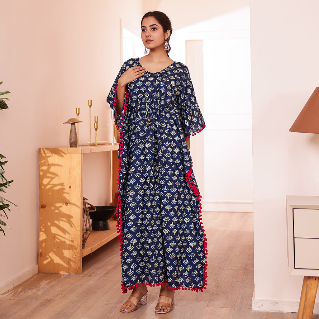 Navy Blue Ethnic Motif Printed Long Kaftan with Red Pom-Pom Lace