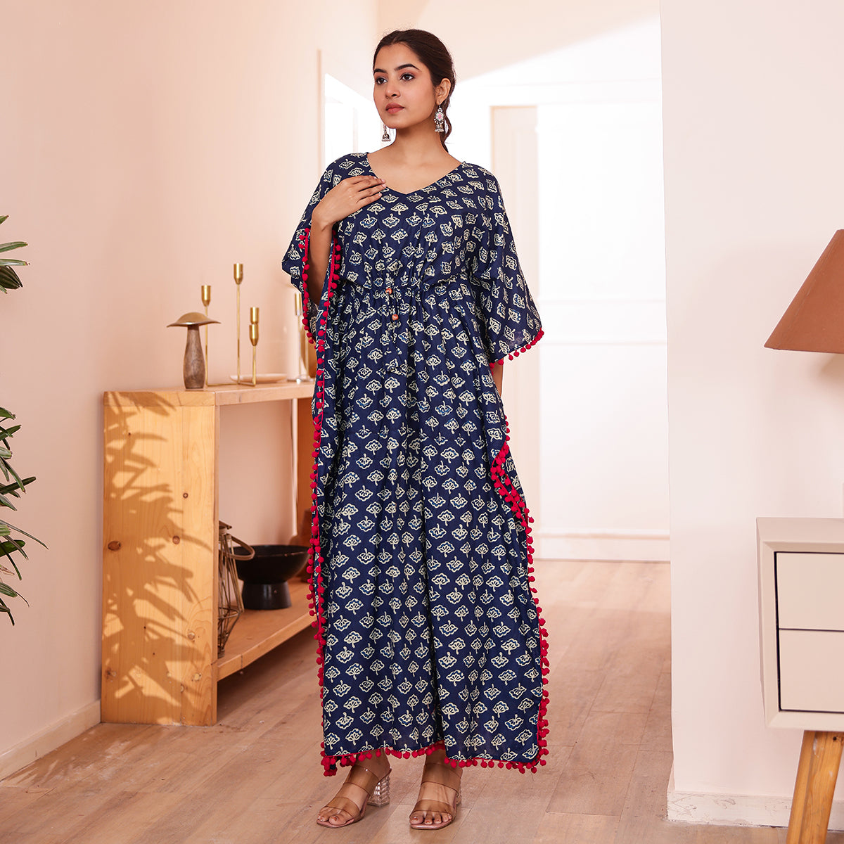 Navy Blue Ethnic Motif Printed Long Kaftan with Red Pom-Pom Lace