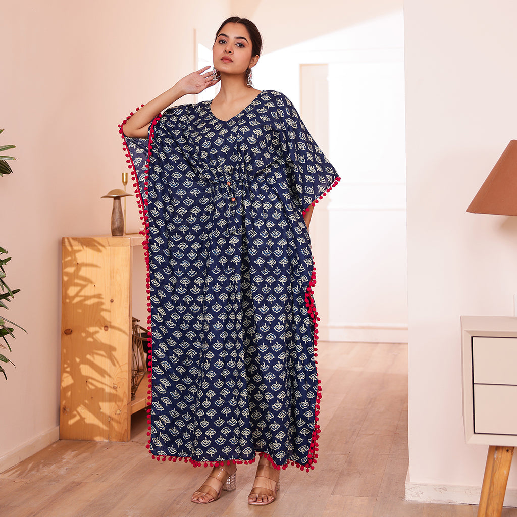 Navy Blue Ethnic Motif Printed Long Kaftan with Red Pom-Pom Lace