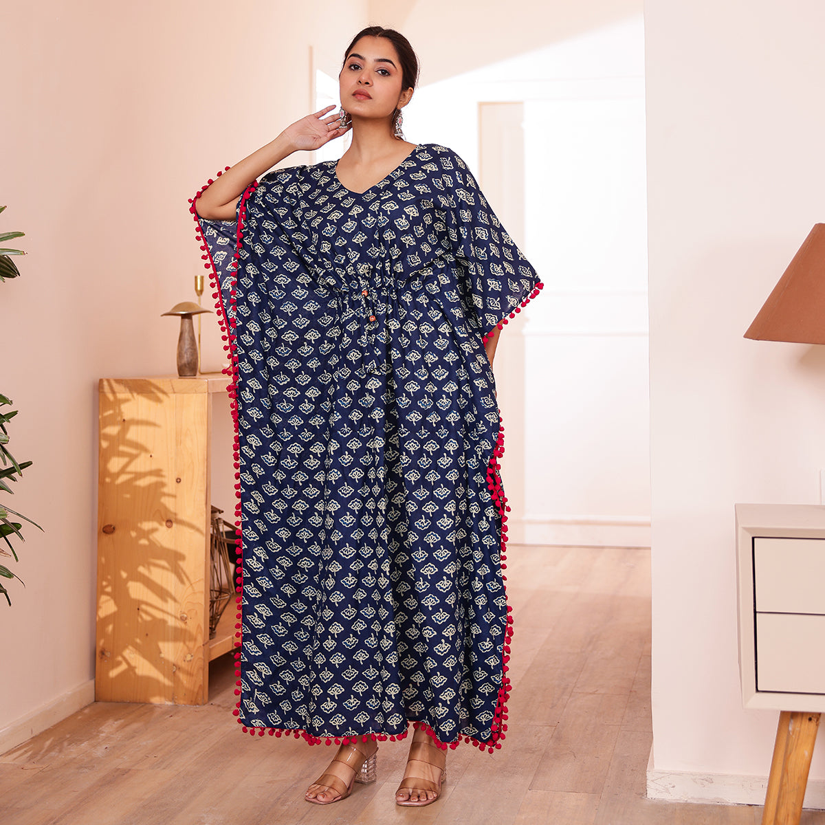 Indigo Motif Print Kaftan with Pink Pom-Pom Lace