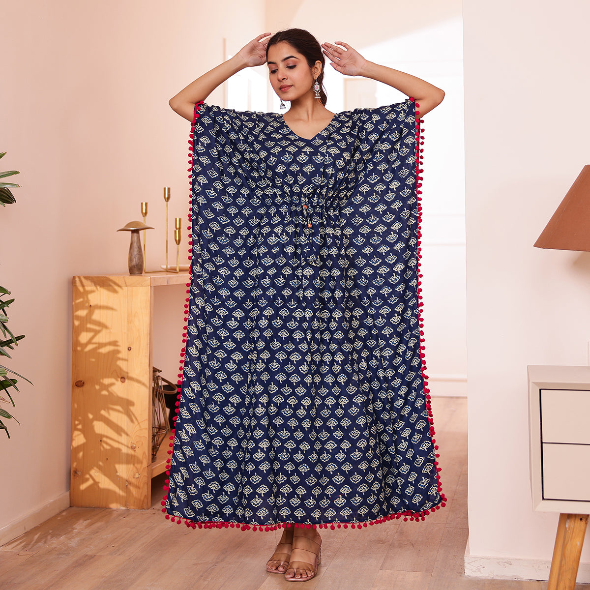 Indigo Motif Print Kaftan with Pink Pom-Pom Lace