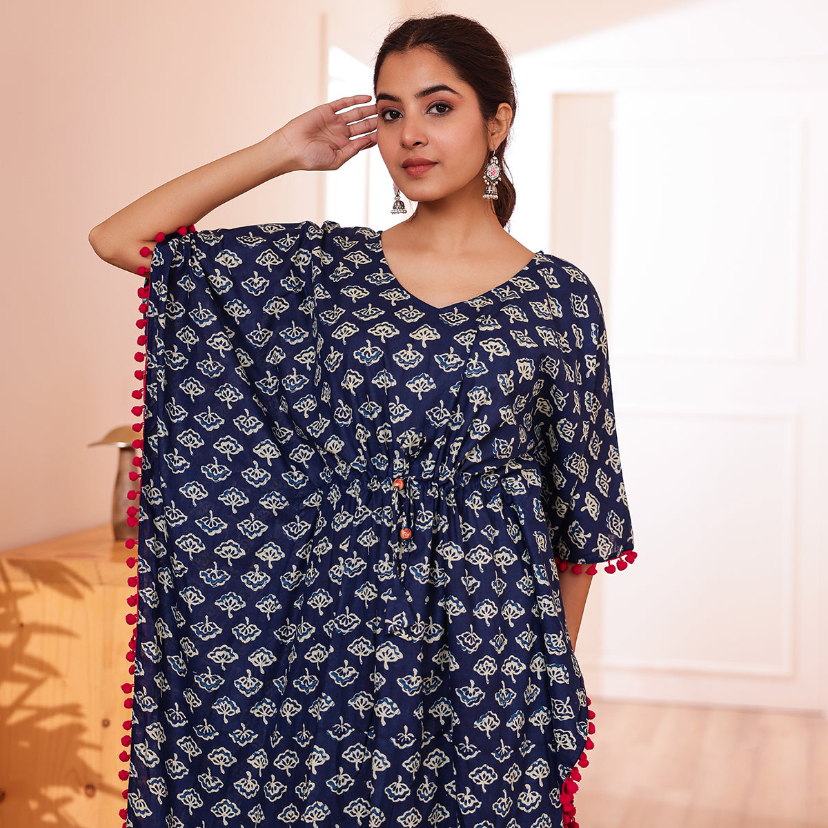 Navy Blue Ethnic Motif Printed Long Kaftan with Red Pom-Pom Lace
