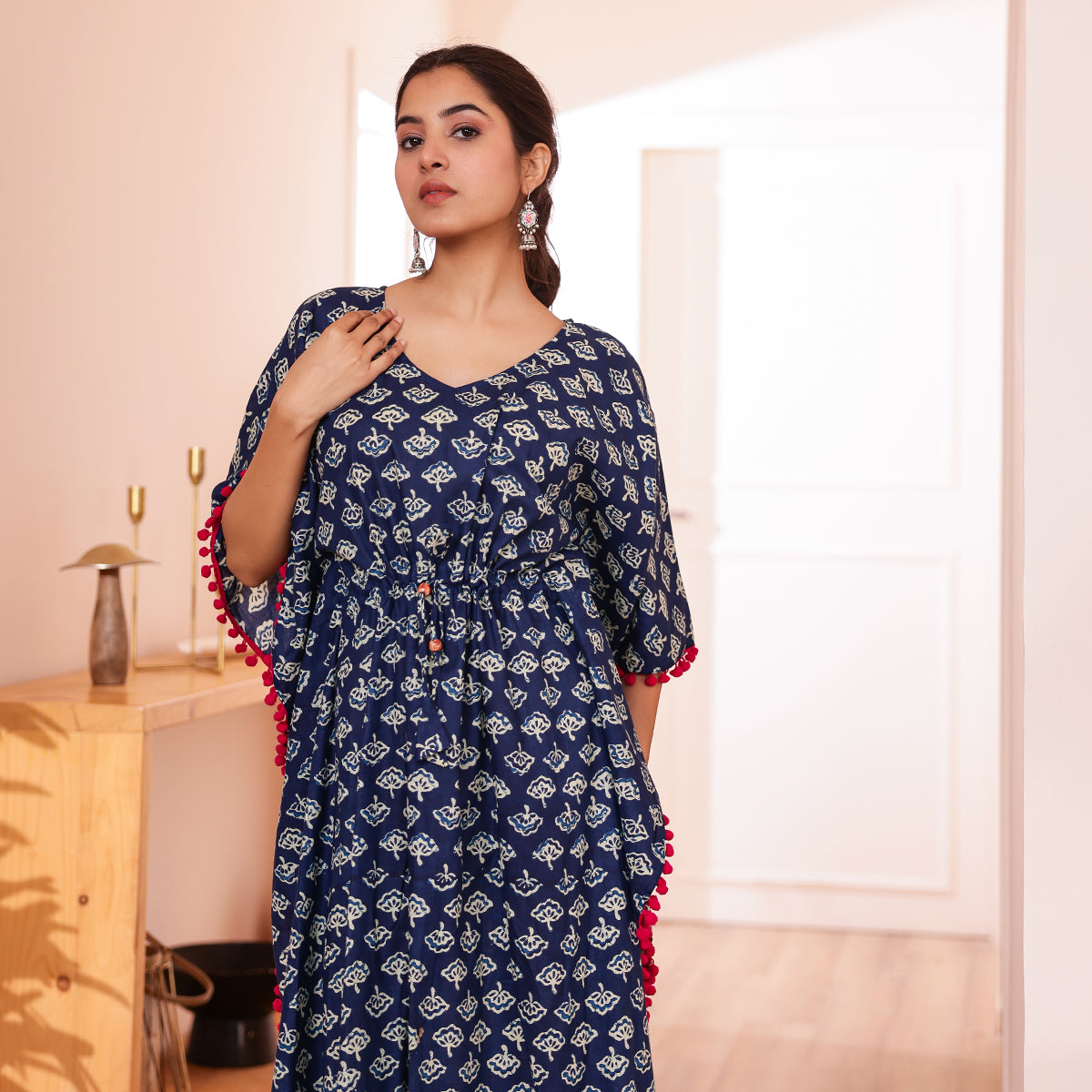Navy Blue Ethnic Motif Printed Long Kaftan with Red Pom-Pom Lace