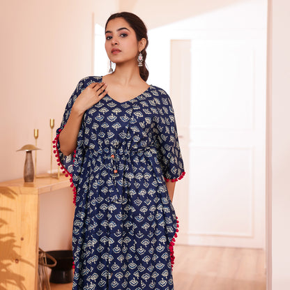 Navy Blue Ethnic Motif Printed Long Kaftan with Red Pom-Pom Lace