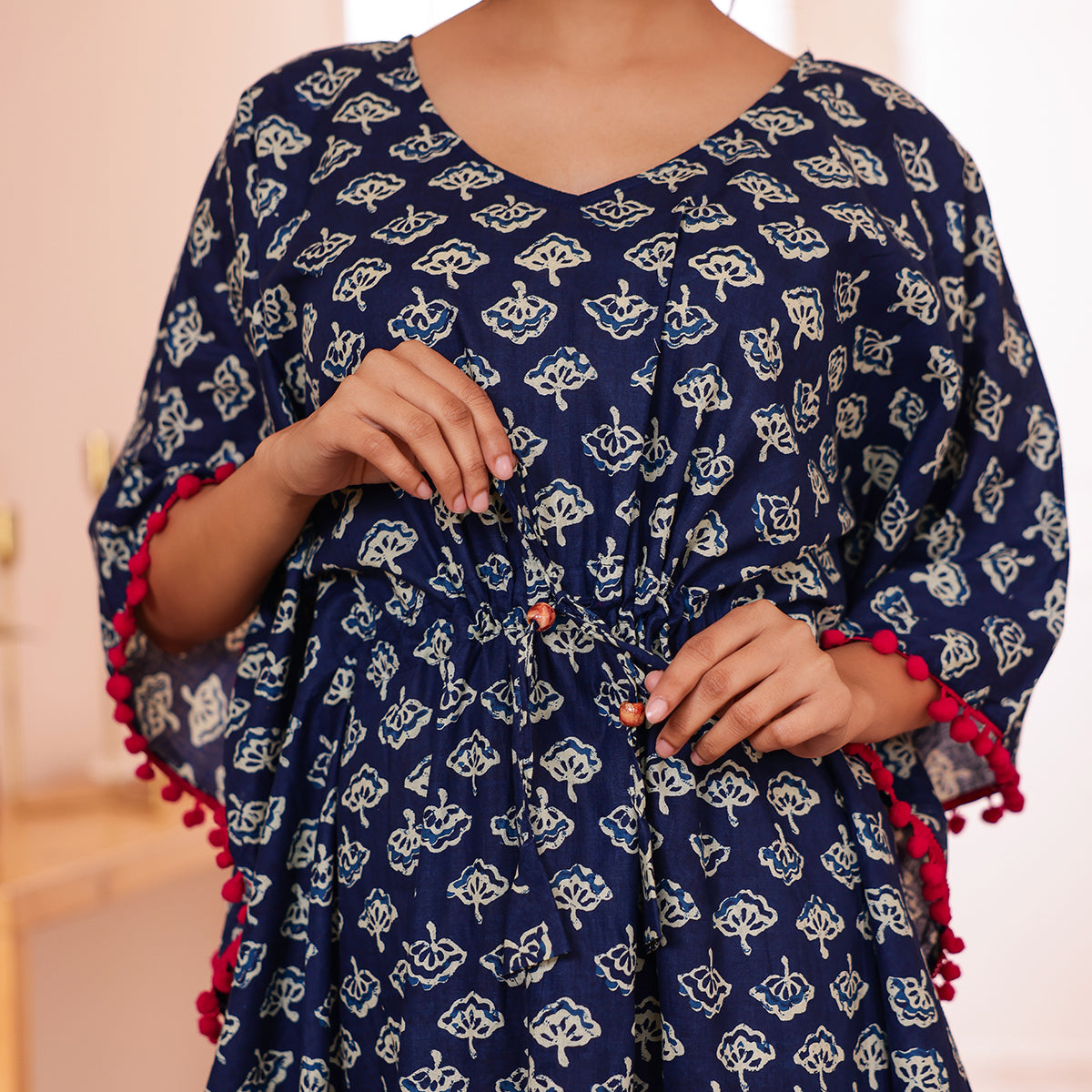 Navy Blue Ethnic Motif Printed Long Kaftan with Red Pom-Pom Lace