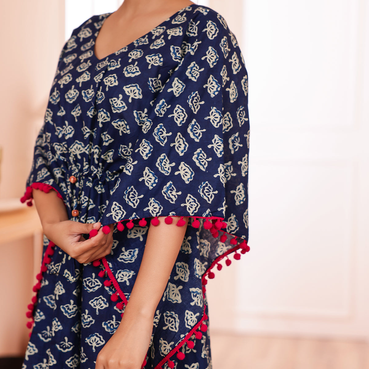 Navy Blue Ethnic Motif Printed Long Kaftan with Red Pom-Pom Lace