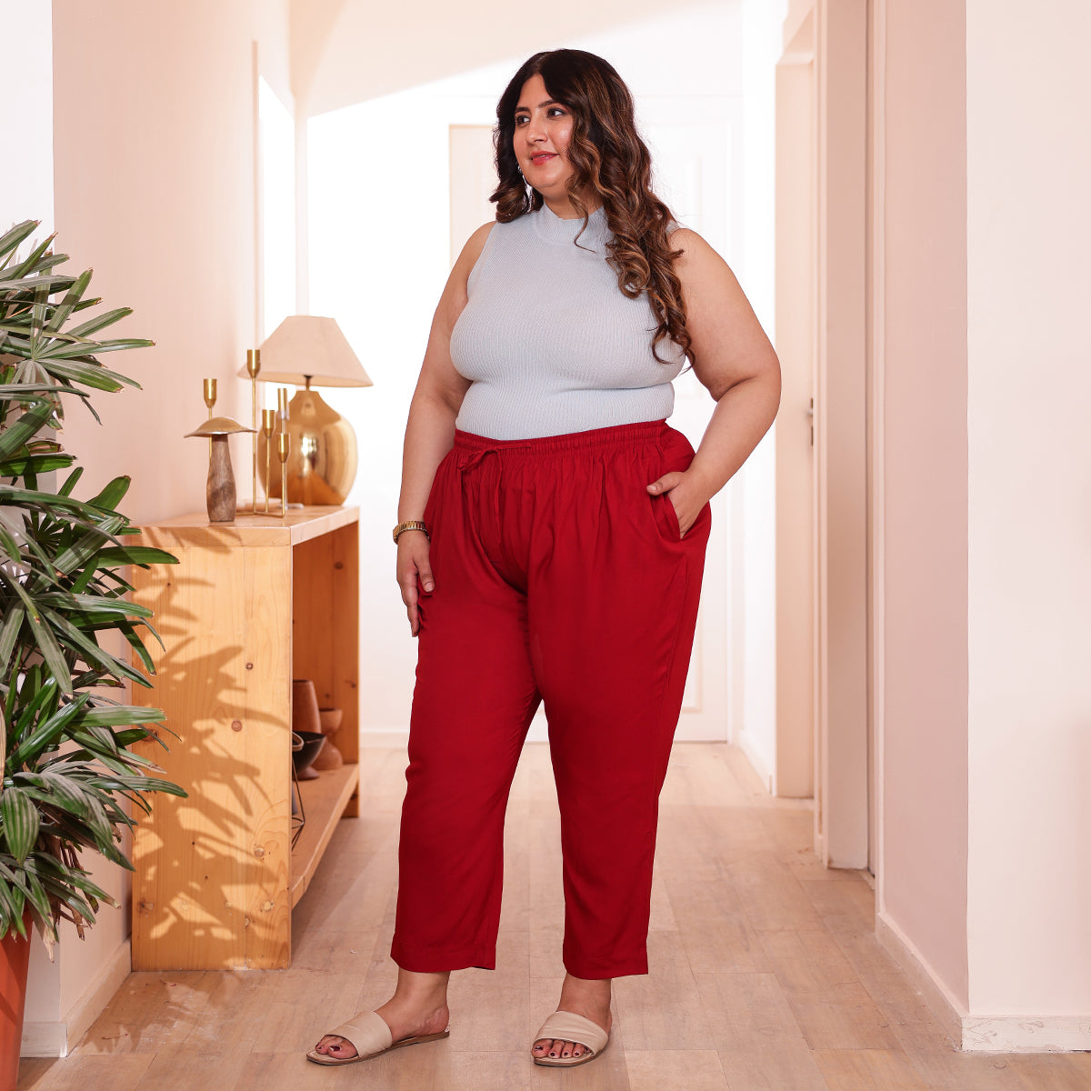 Plus Size Slim Fit Mid-Rise Maroon Narrow Pant