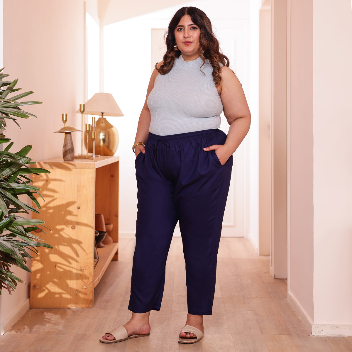 Plus Size Slim Fit Mid-Rise Navy Blue Narrow Pant