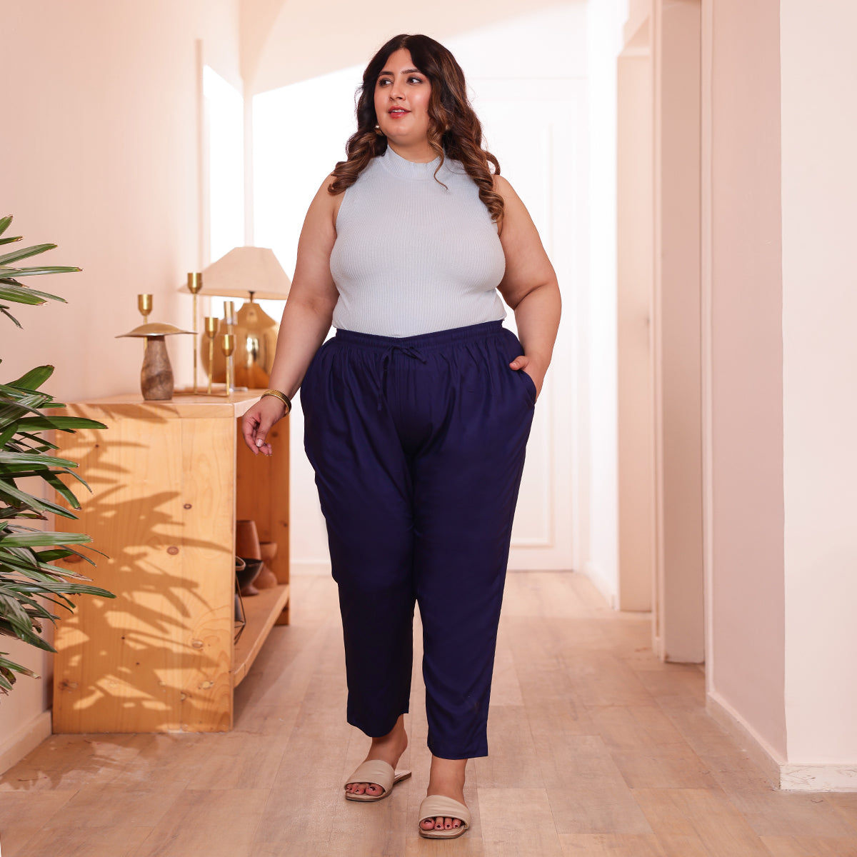 Plus Size Slim Fit Mid-Rise Navy Blue Narrow Pant