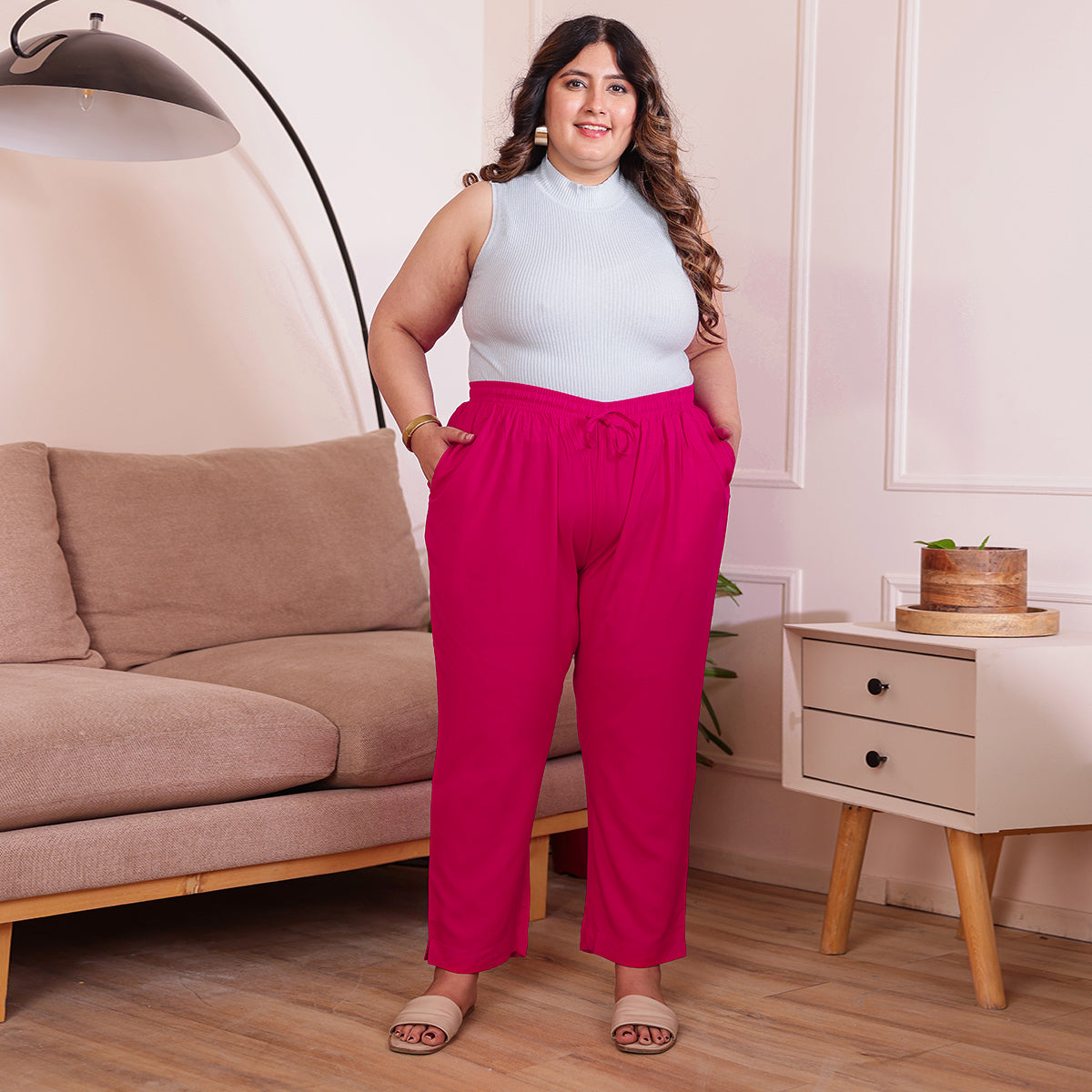Plus Size Slim Fit Mid-Rise Pink Narrow Pant