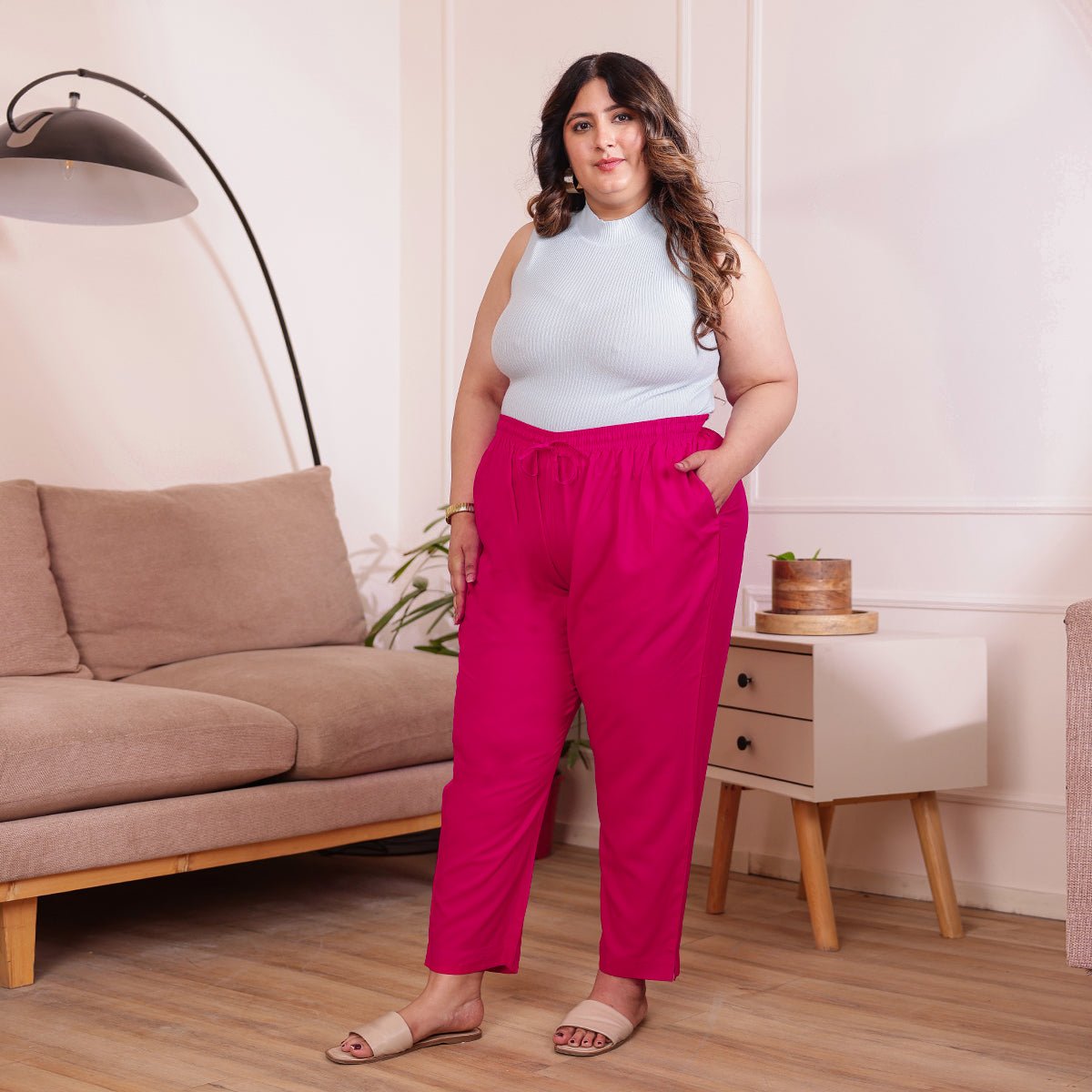 Plus Size Slim Fit Mid-Rise Pink Narrow Pant