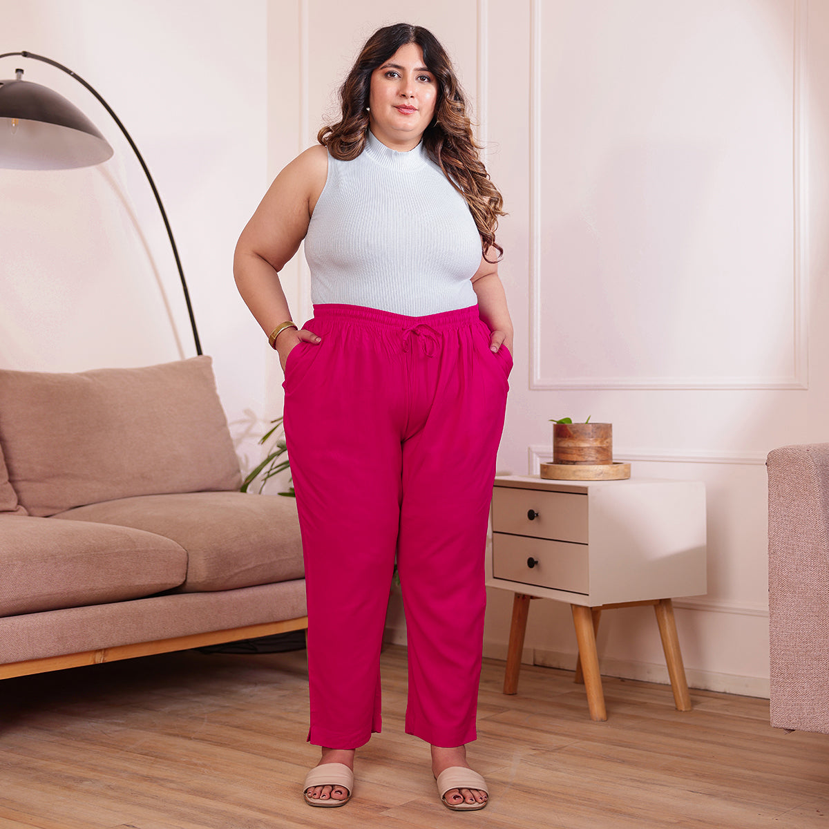 Plus Size Slim Fit Mid-Rise Pink Narrow Pant